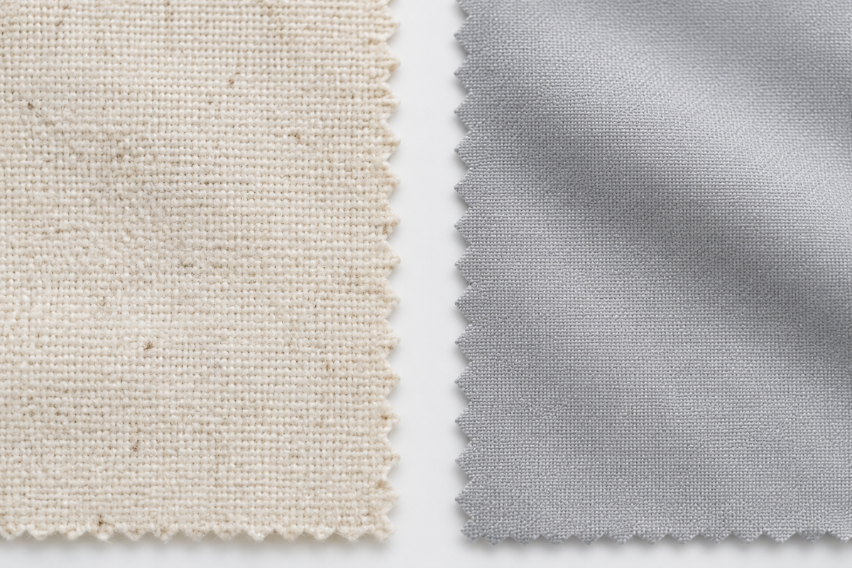 Polyester-cotton blend fabric swatches in beige and light gray, highlighting durability, softness, breathability, and fabric texture for apparel manufacturing.