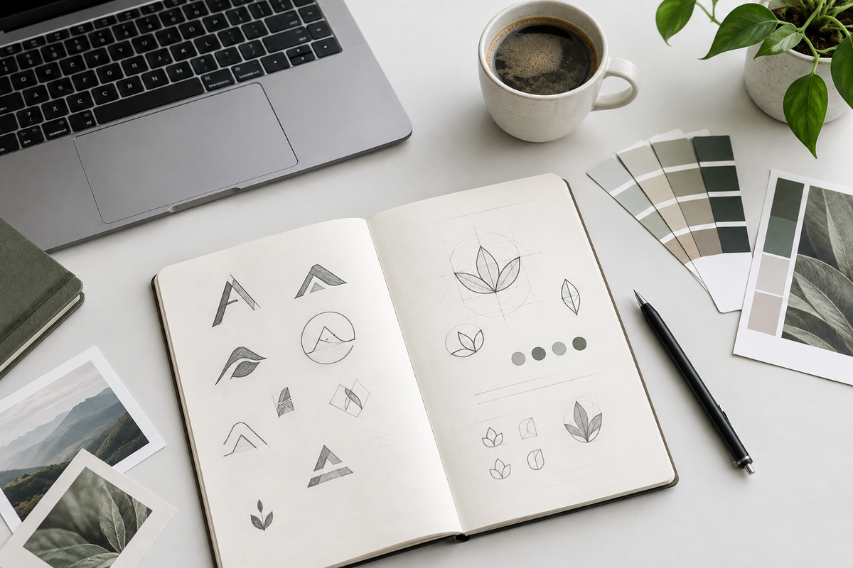 Fashion and apparel design workspace featuring brand logo sketches, fabric color swatches, a laptop, and creative planning materials for clothing development.