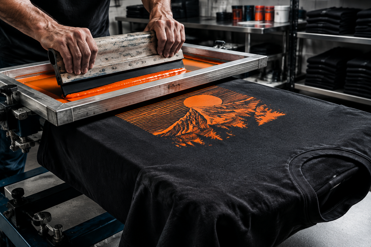 Screen printing an orange graphic onto a black T-shirt using a manual screen printing press.