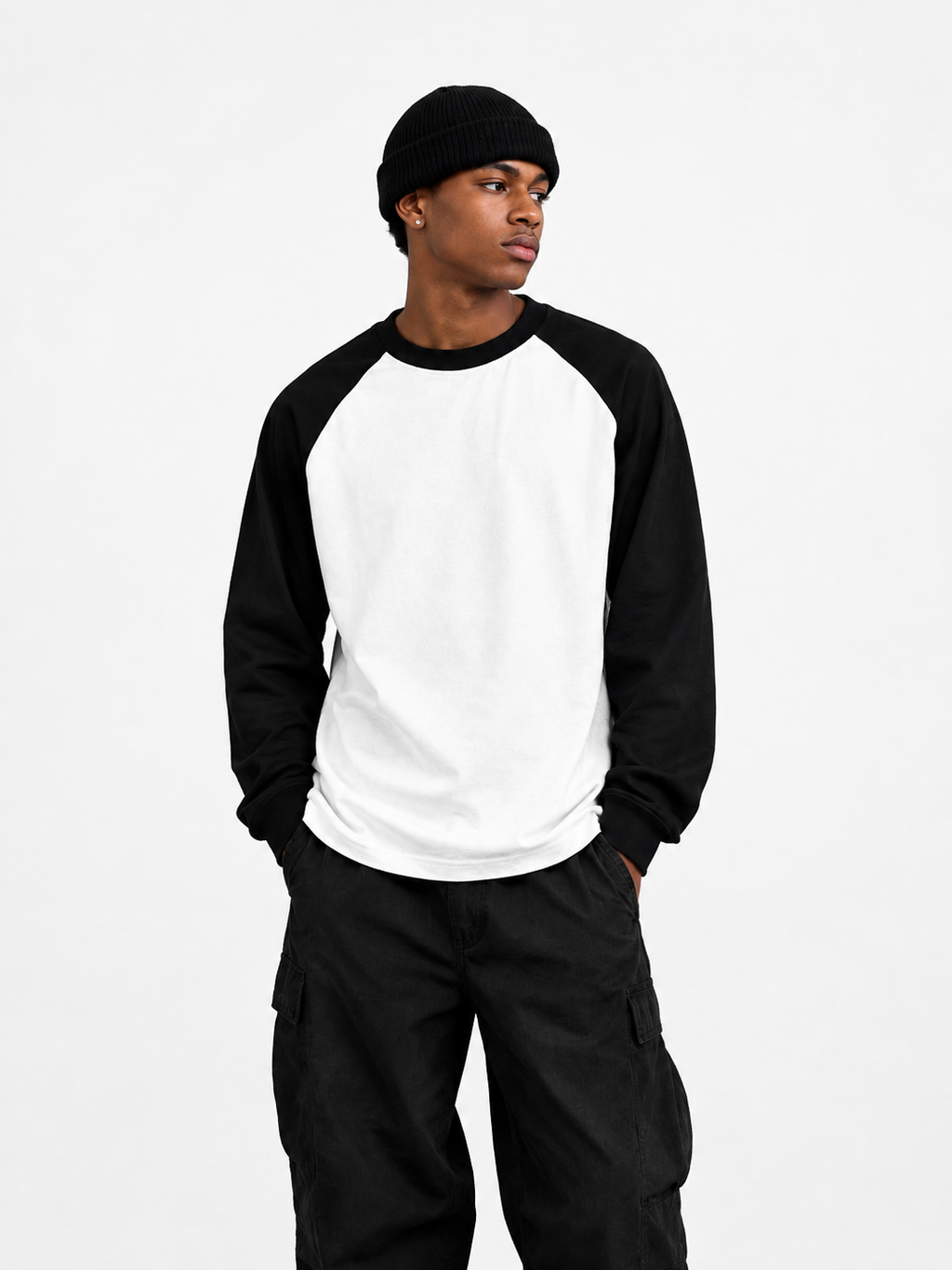 Oversized 300GSM Raglan Long Sleeve T-Shirt White Black Front View — Heavyweight Print-Ready Blank
