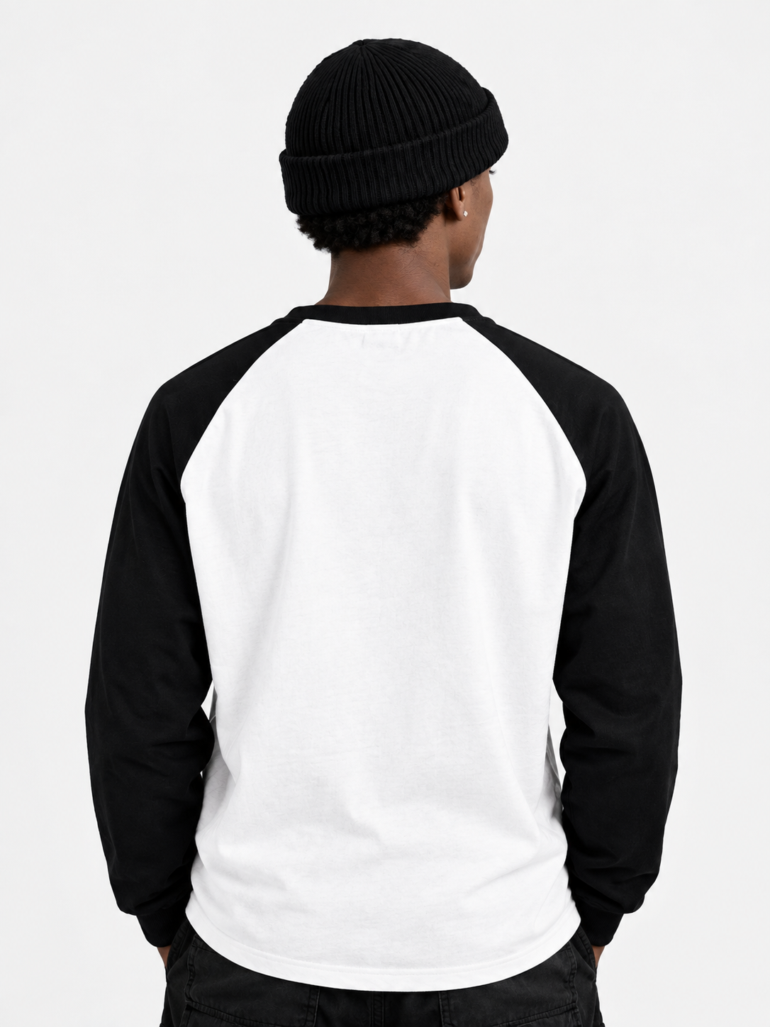 Oversized Raglan Long Sleeve Blank T-Shirt Back View — 300GSM Heavyweight White Black