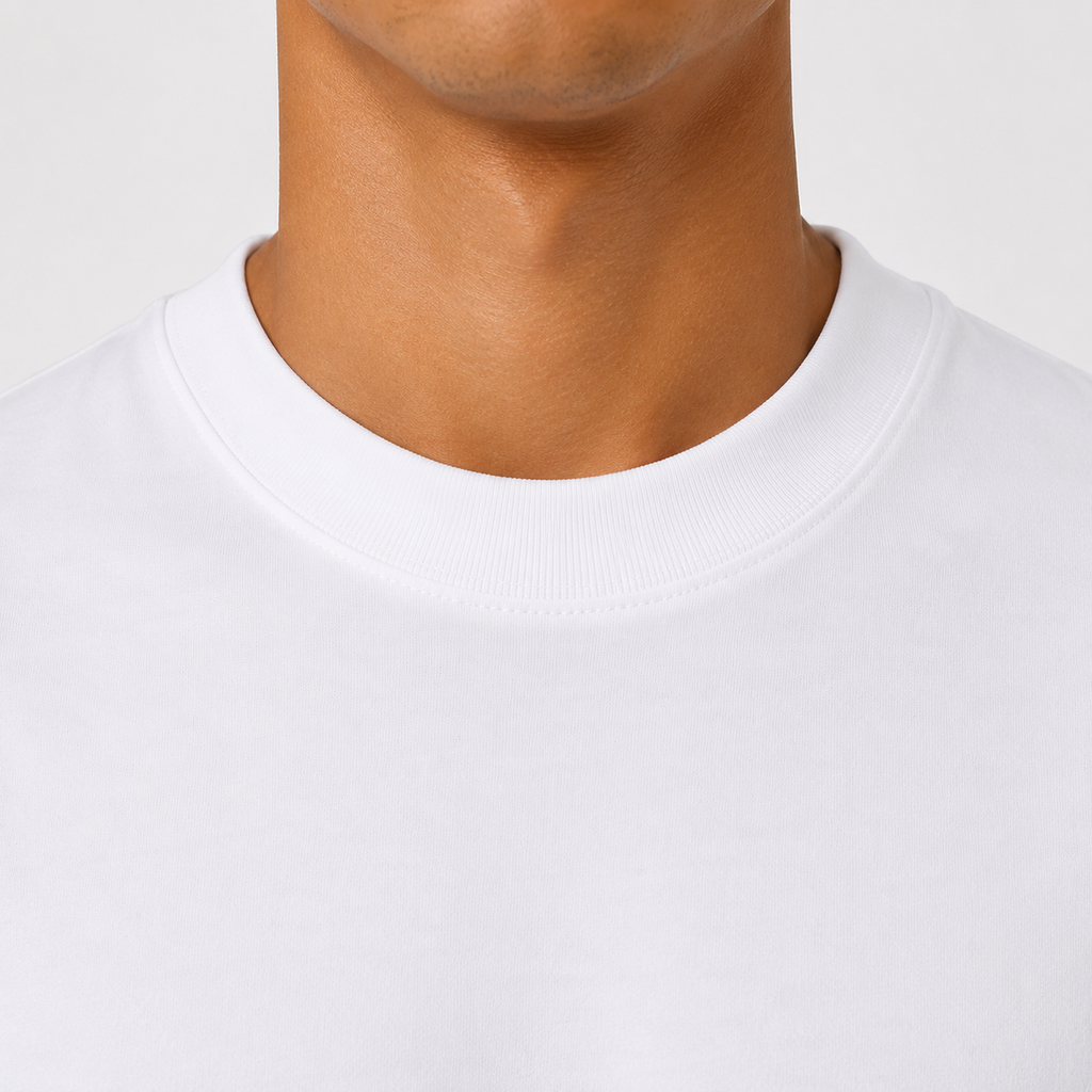 Close-up of a person's neck and lower face wearing a plain white crew-neck t-shirt against a light gray background.
