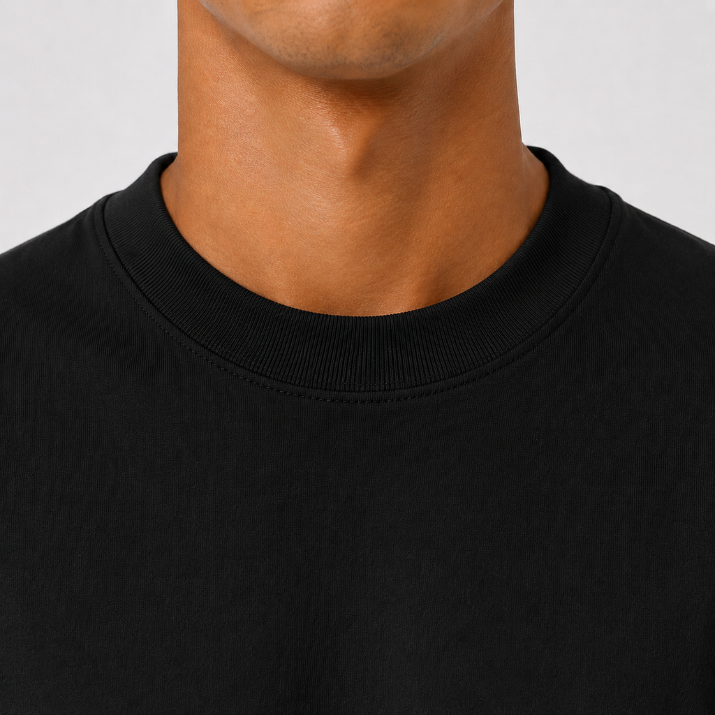 Close-up of a person's neck and lower face wearing a solid black crew-neck t-shirt against a light gray background.