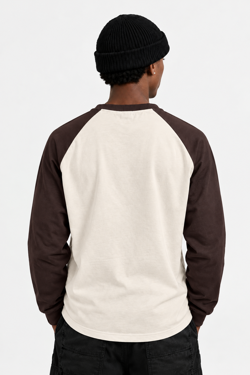 Back view of model wearing the cream-and-brown raglan tee
Daniel Alaves Raglan Long Sleeve Tee — 300GSM | Cream / Brown