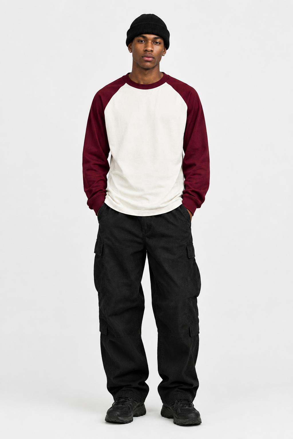 Front-facing model wearing the cream-and-burgundy raglan  oversized 300gsm Daniel Alaves Long sleeve oversized t-shirt  