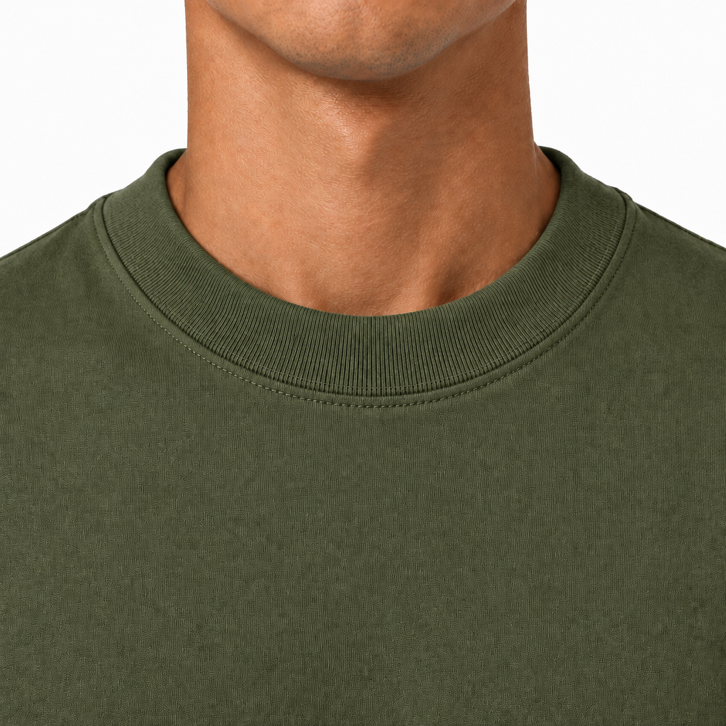 Collar of olive-green oversized t-shirt 
