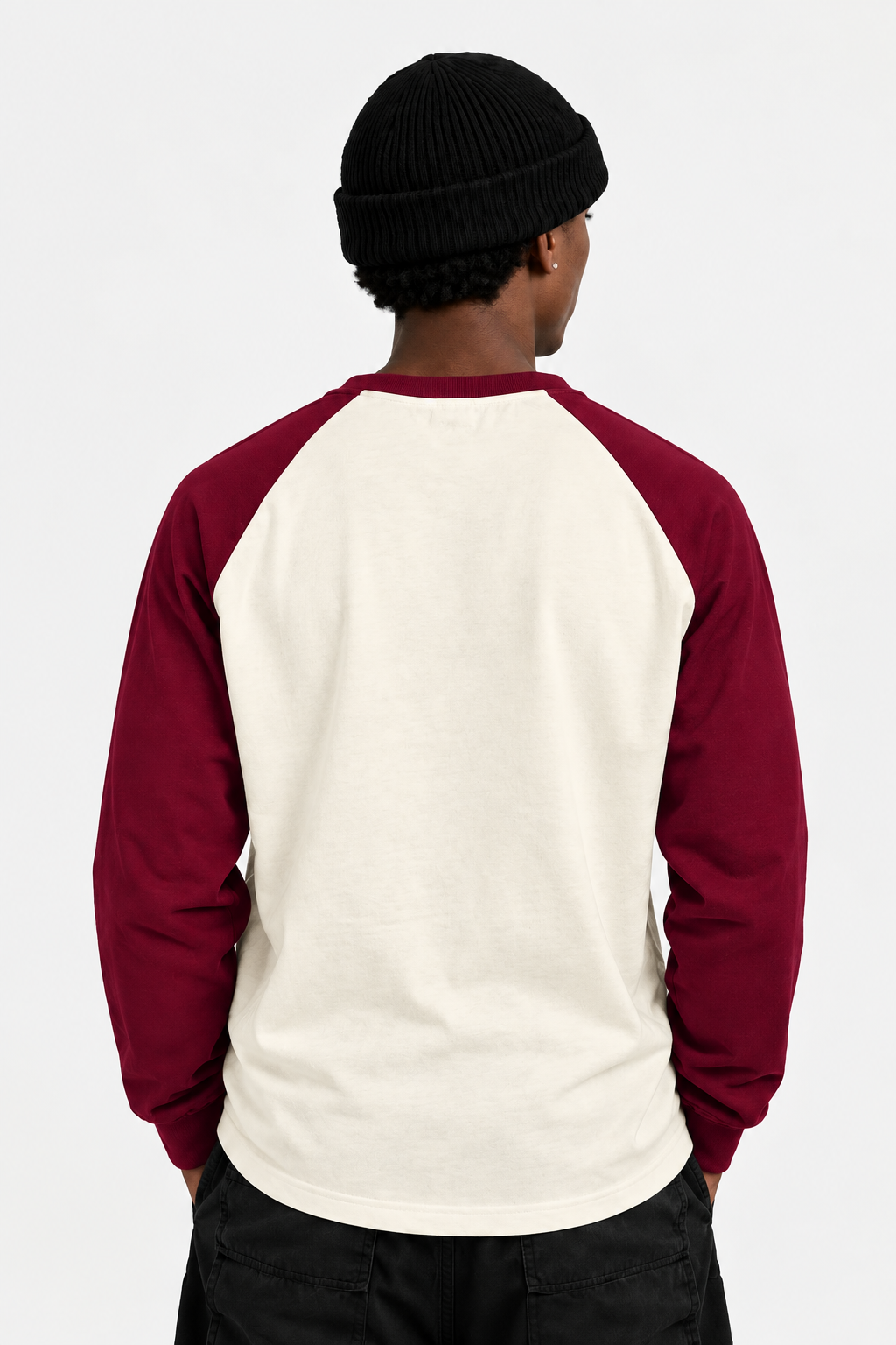 Revised back view of the cream-and-burgundy raglan oversized 300gsm Daniel Alaves Long sleeve oversized t-shirt  